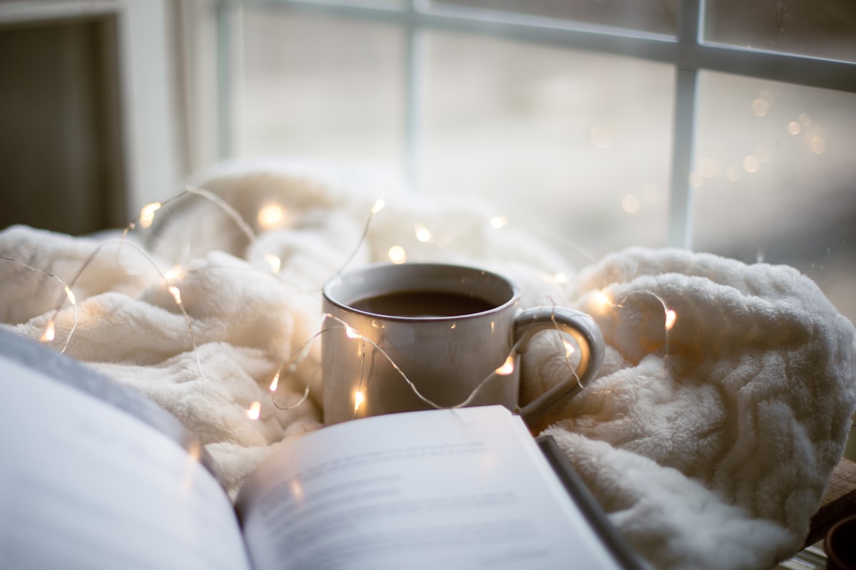 A cup of coffee and a book resting on a blanket in soft winter light